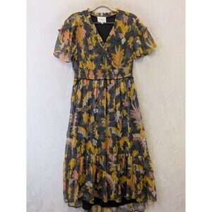 Bohme Women Small Floral Smocked High Low Midi Dress Black Yellow V-Neck Ruffle